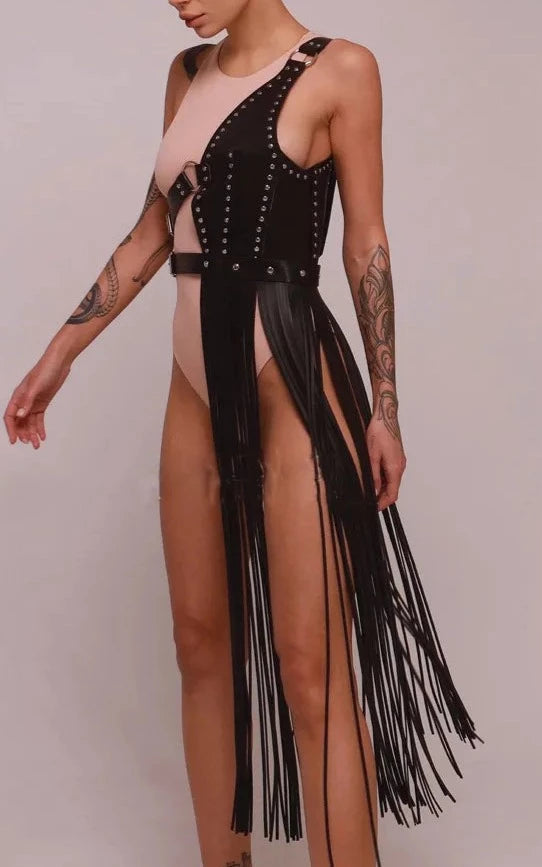 Saucy Boho Fetish Leather Body Harness Garter Belt skirt