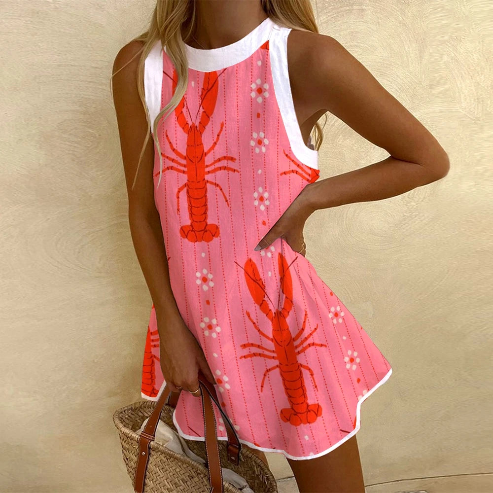 Pink Cartoon Lobster Print Beach dress