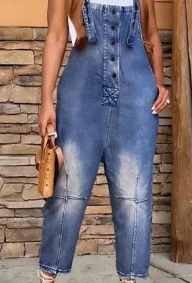 Boho Denim Pocket Button Suspender overalls