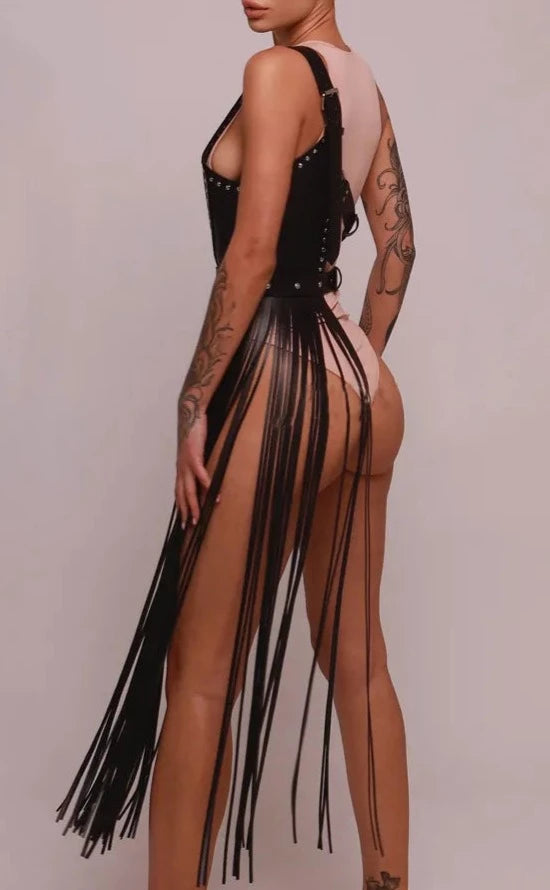 Saucy Boho Fetish Leather Body Harness Garter Belt skirt