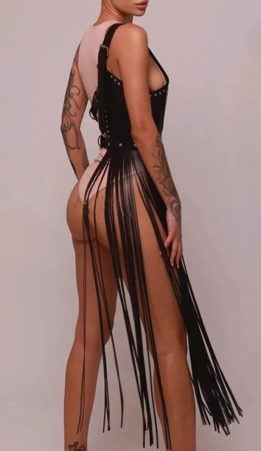 Saucy Boho Fetish Leather Body Harness Garter Belt skirt