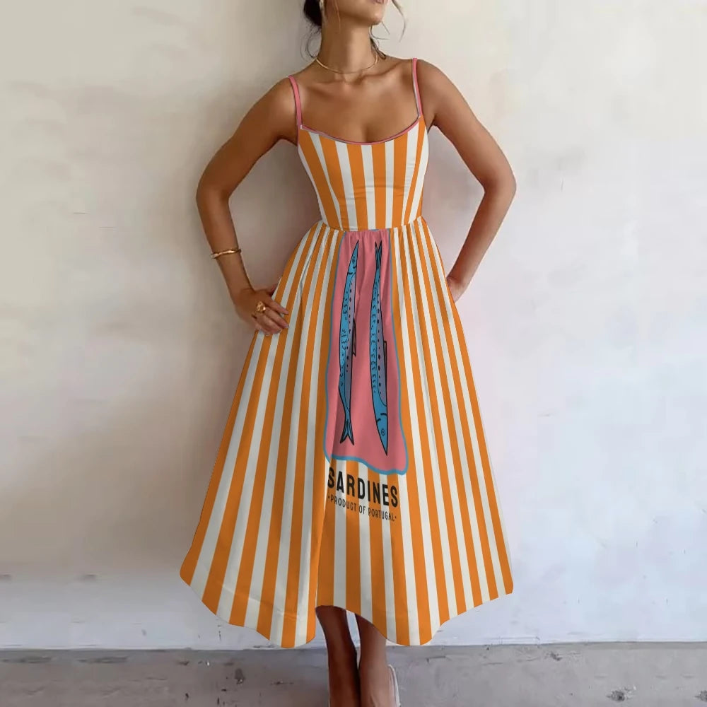 Sardines Striped Print Suspender dress
