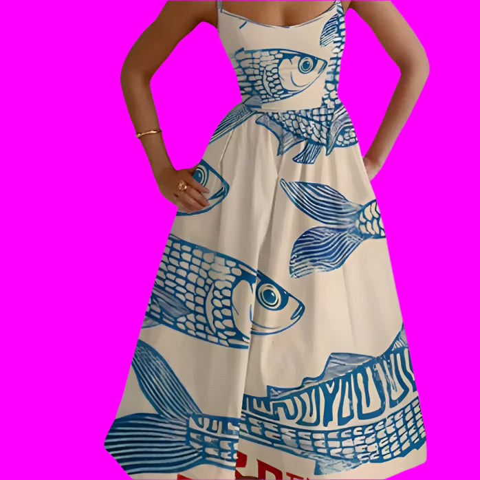 Chic Retro Suspender Sardines Graphic Print dress