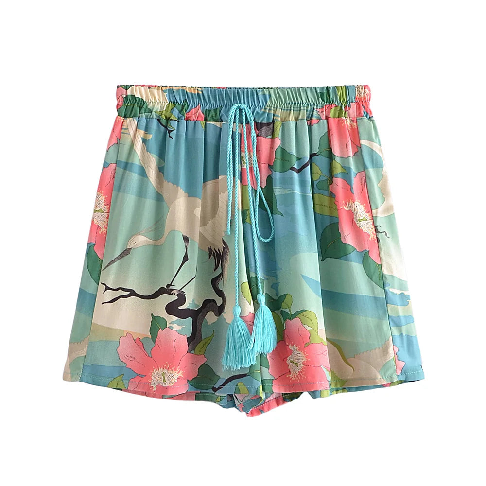 Vintage Bohemian Chic Crane Floral Print shorts