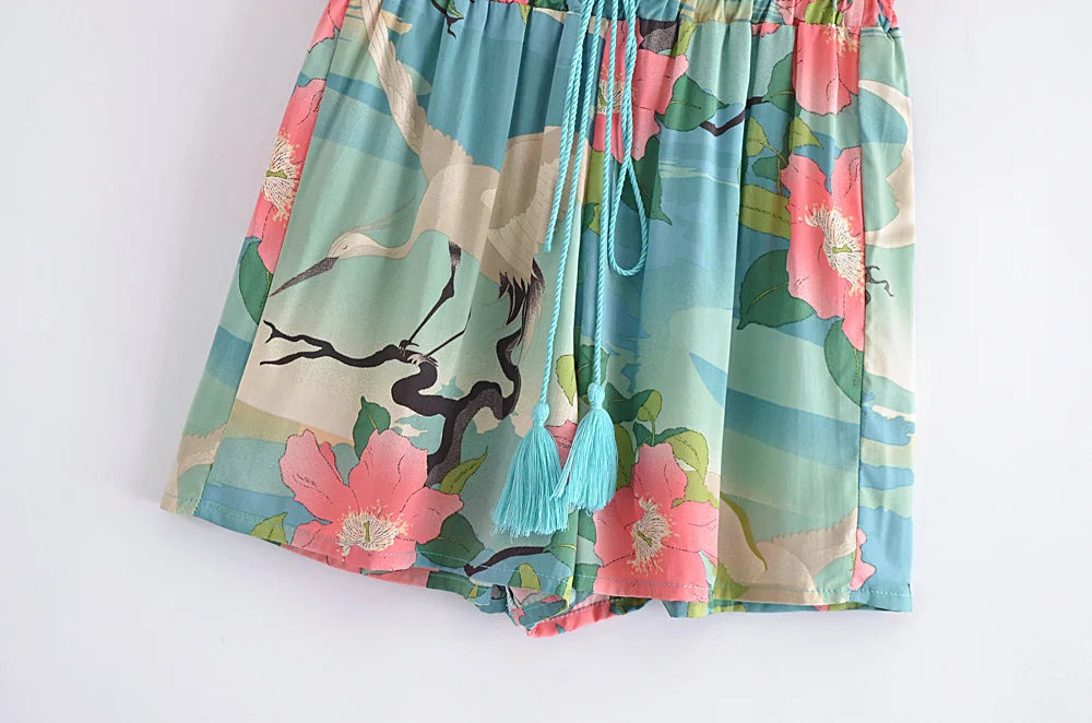 Vintage Bohemian Chic Crane Floral Print shorts