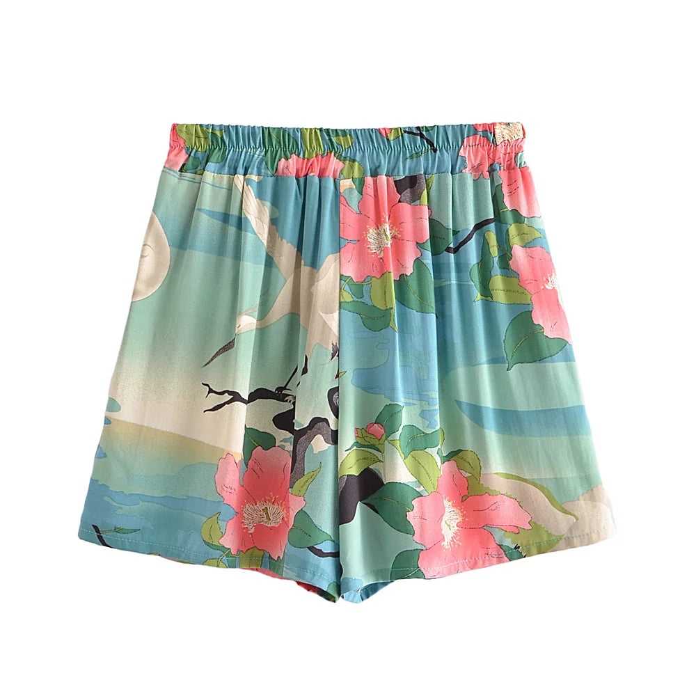 Vintage Bohemian Chic Crane Floral Print shorts