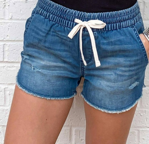 Paris Summer Lace Up Waist Short Ripped Skinny jeans