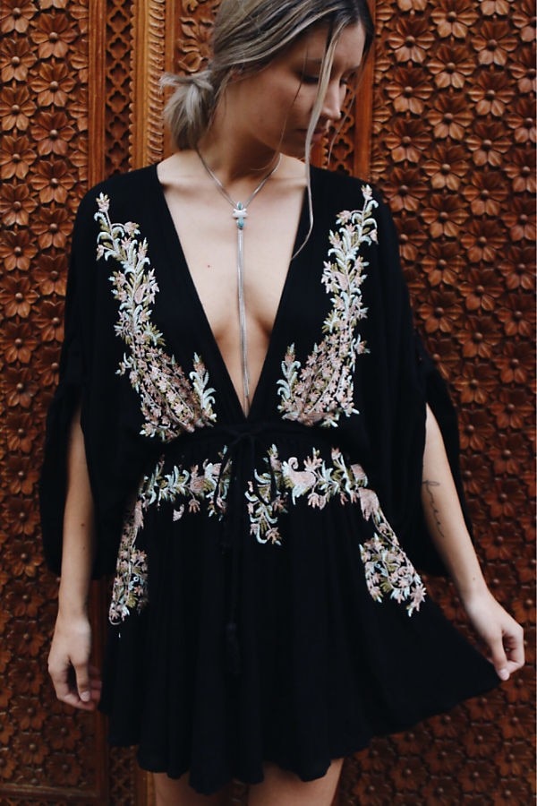 Boho Embroidered Cotton Drawstring High & Wasted Mini dress