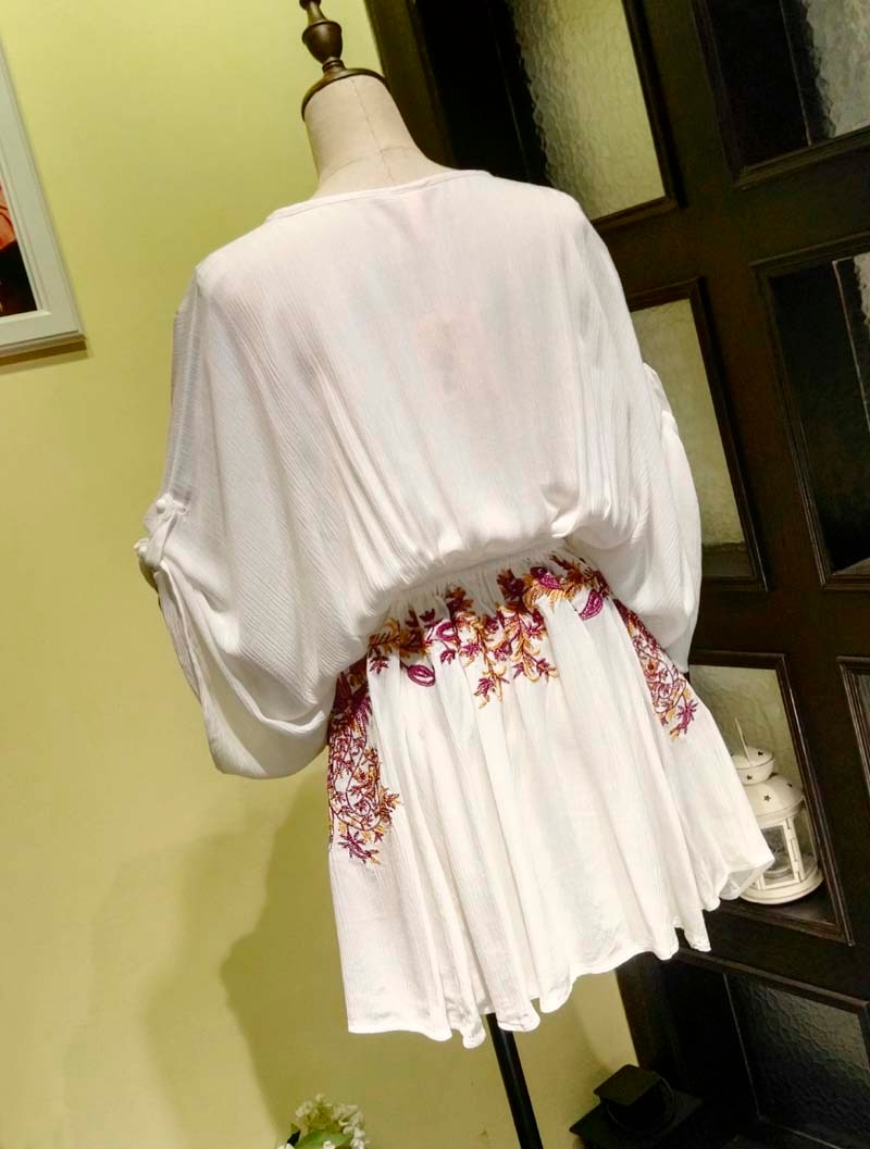 Boho Embroidered Cotton Drawstring High & Wasted Mini dress