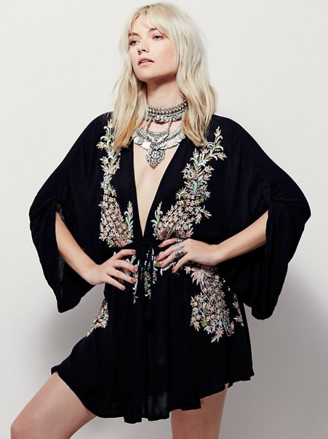 Boho Embroidered Cotton Drawstring High & Wasted Mini dress