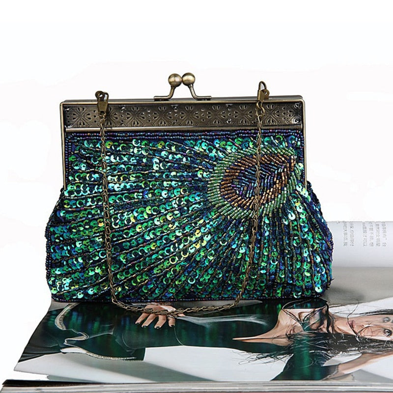 Vintage Green Peacock Sequins Chain cluth