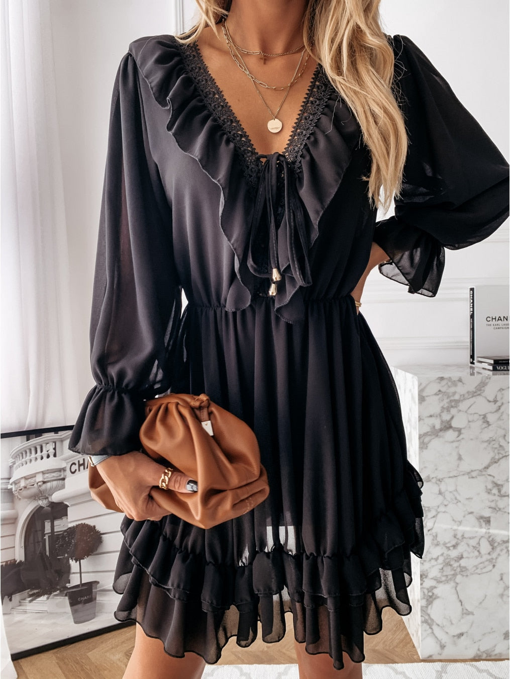 Sassy Boho Lace Noir Chiffon dress