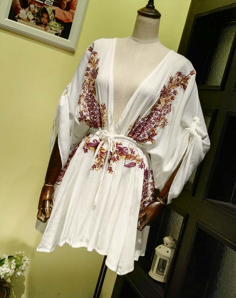 Boho Embroidered Cotton Drawstring High & Wasted Mini dress