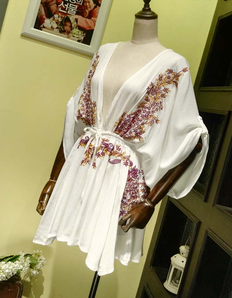 Boho Embroidered Cotton Drawstring High & Wasted Mini dress