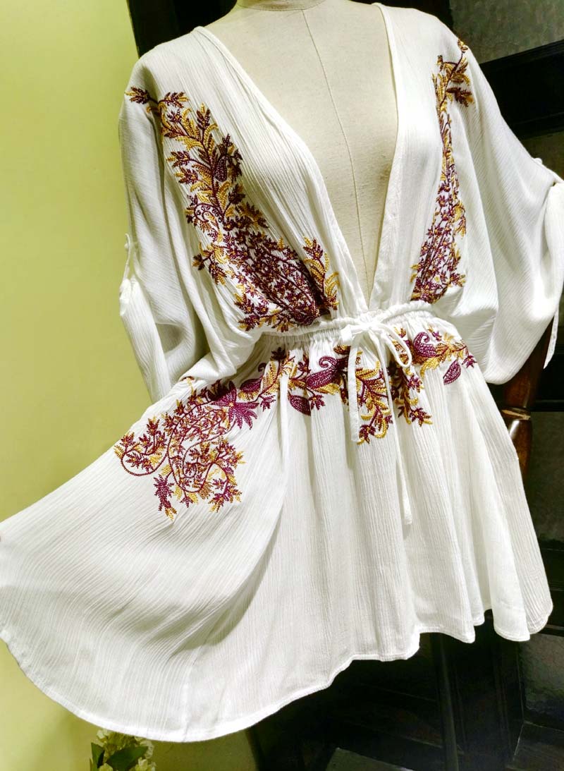 Boho Embroidered Cotton Drawstring High & Wasted Mini dress