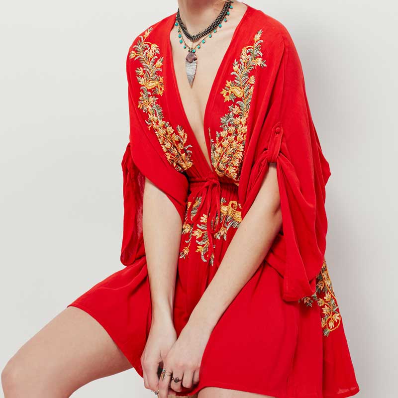 Boho Embroidered Cotton Drawstring High & Wasted Mini dress