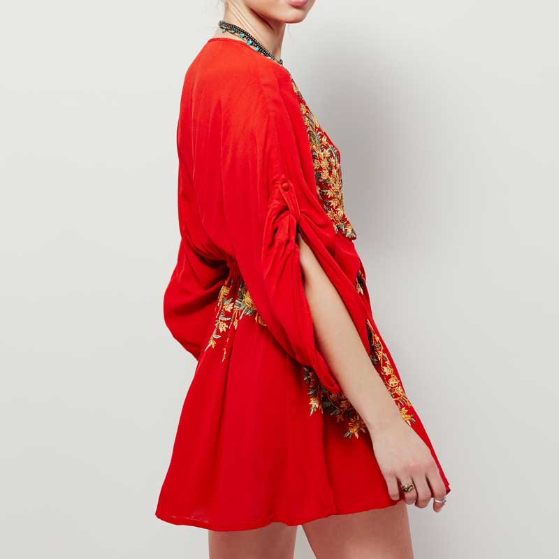 Boho Embroidered Cotton Drawstring High & Wasted Mini dress