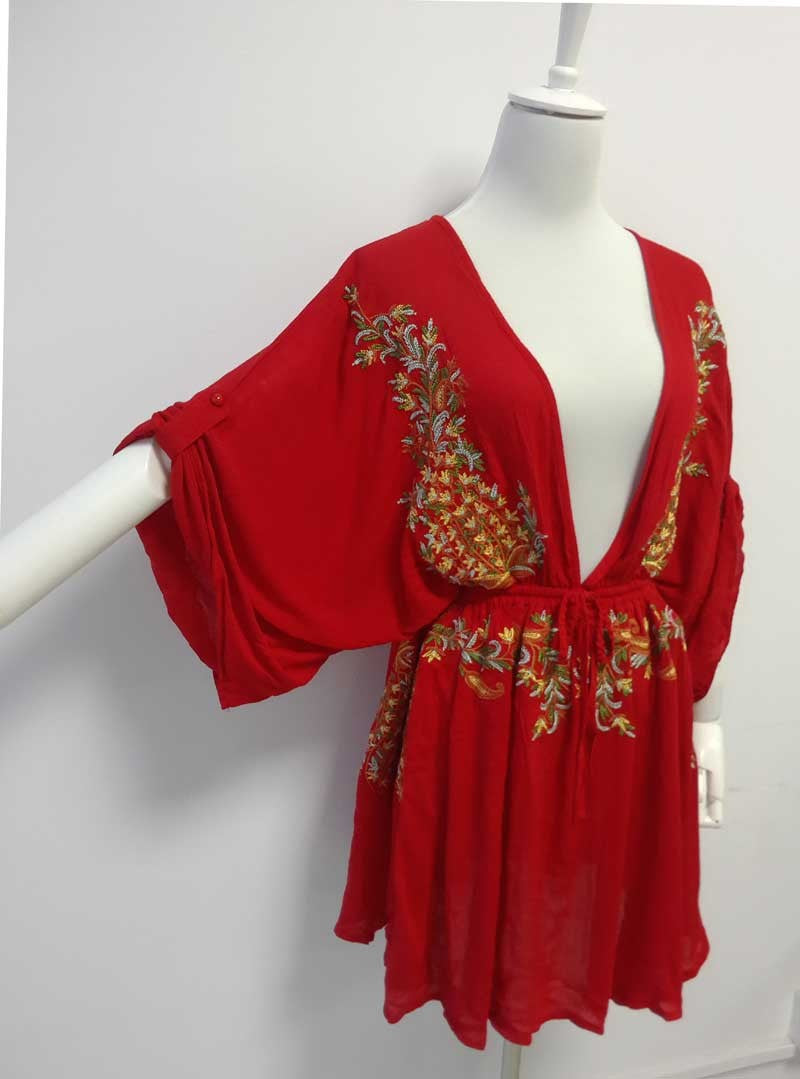Boho Embroidered Cotton Drawstring High & Wasted Mini dress
