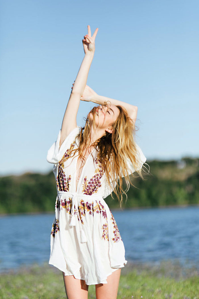Boho Embroidered Cotton Drawstring High & Wasted Mini dress