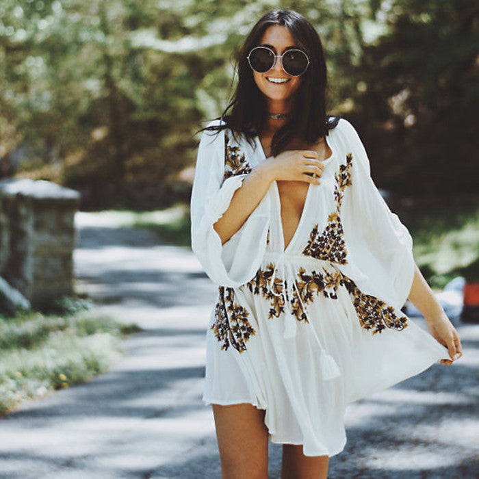 Boho Embroidered Cotton Drawstring High & Wasted Mini dress