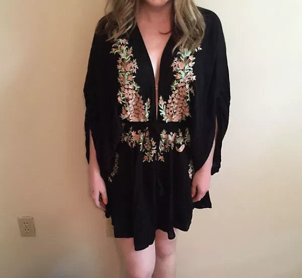 Boho Embroidered Cotton Drawstring High & Wasted Mini dress