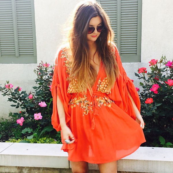 Boho Embroidered Cotton Drawstring High & Wasted Mini dress