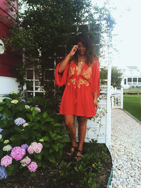 Boho Embroidered Cotton Drawstring High & Wasted Mini dress