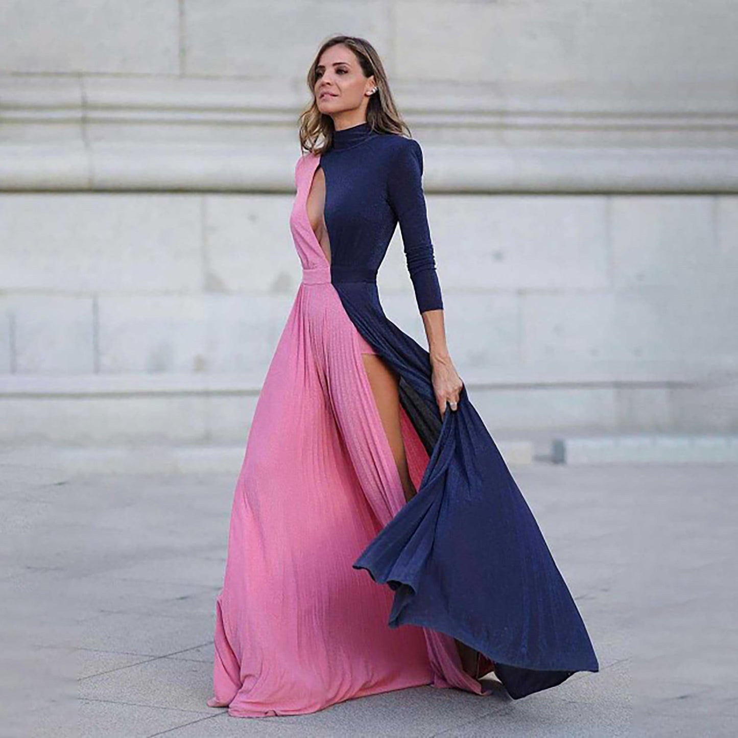 Mocking Neck Cut Out Contrast gown
