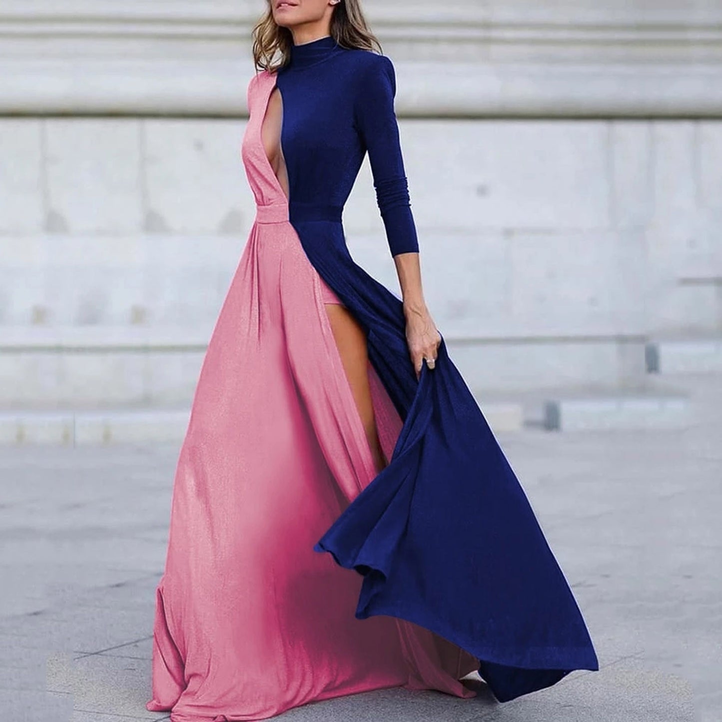 Mocking Neck Cut Out Contrast gown