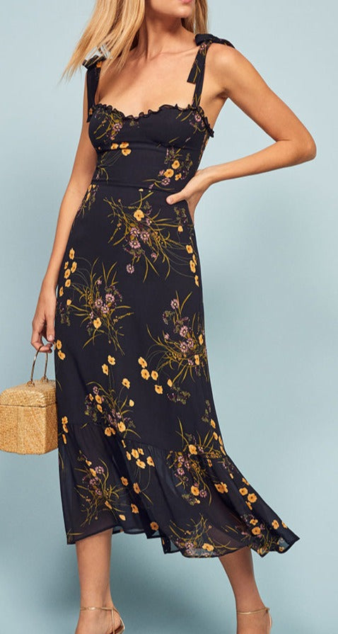 Vintage Cuban Black Frill Floral Print Hemingway Sweetheart dress