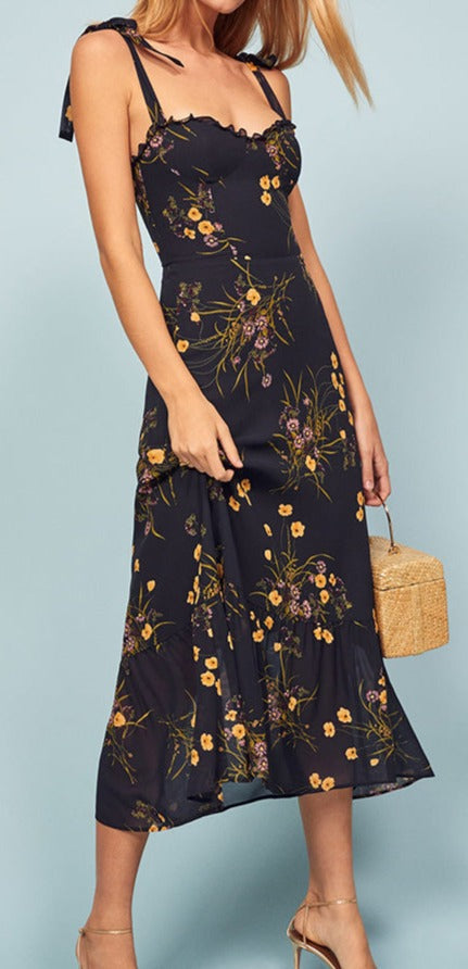 Vintage Cuban Black Frill Floral Print Hemingway Sweetheart dress