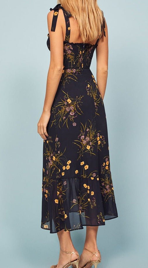 Vintage Cuban Black Frill Floral Print Hemingway Sweetheart dress