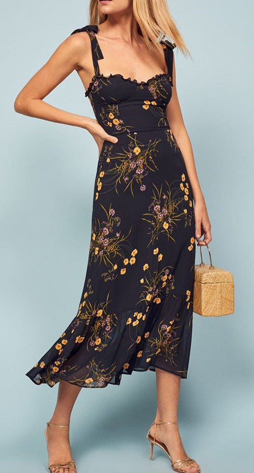 Vintage Cuban Black Frill Floral Print Hemingway Sweetheart dress