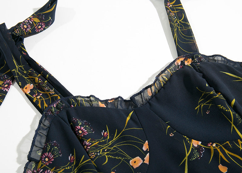 Vintage Cuban Black Frill Floral Print Hemingway Sweetheart dress
