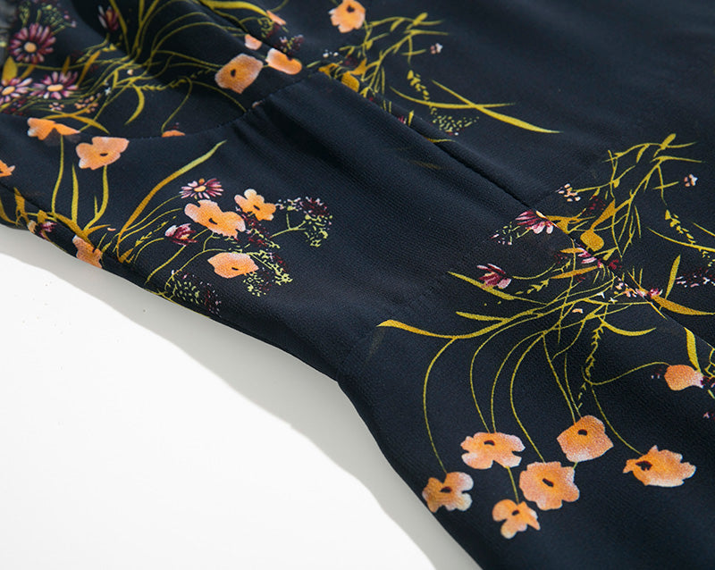 Vintage Cuban Black Frill Floral Print Hemingway Sweetheart dress