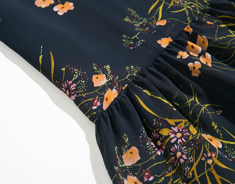 Vintage Cuban Black Frill Floral Print Hemingway Sweetheart dress