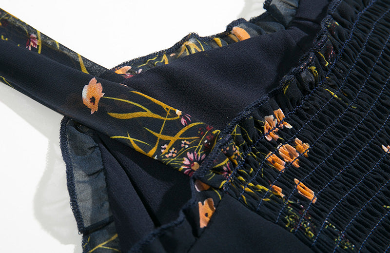 Vintage Cuban Black Frill Floral Print Hemingway Sweetheart dress
