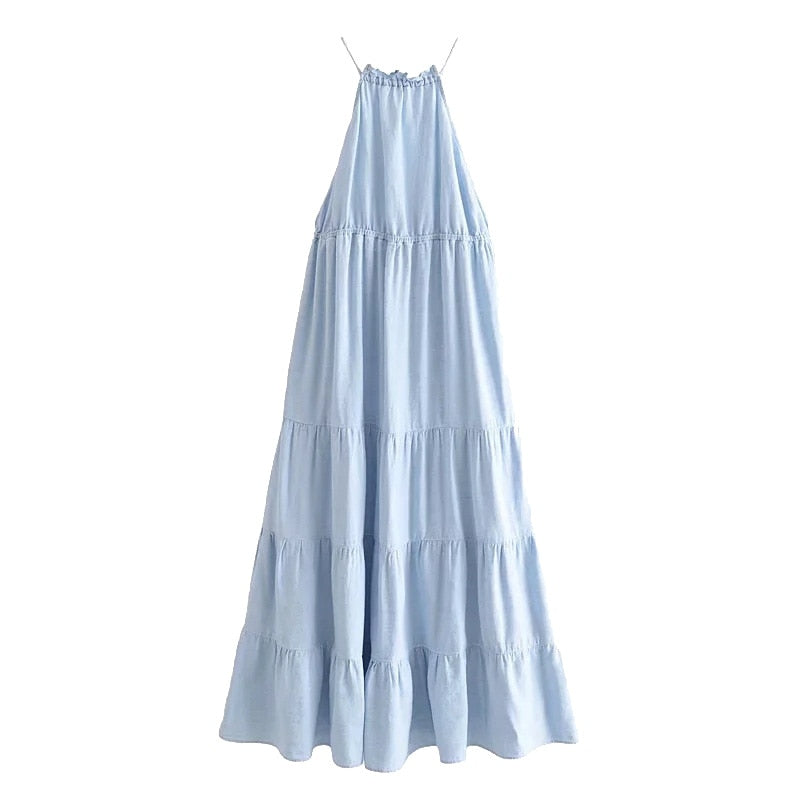 Vintage Linen Ruffle Trim Halter dress