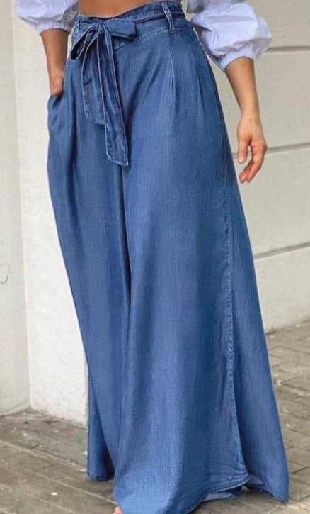 Chic French Chambray Summer Lace-up High Waist Wide-leg trousers