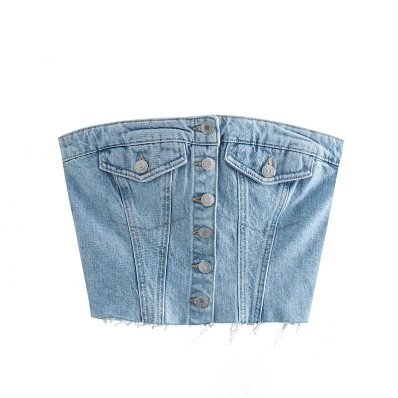 Chic Grunge Backless Denim Strapless Corset Tube Crop top