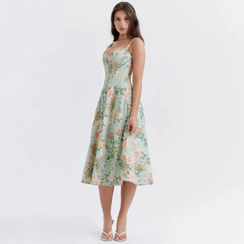 Summer Sweetheart Green Lace Up Floral Print dress