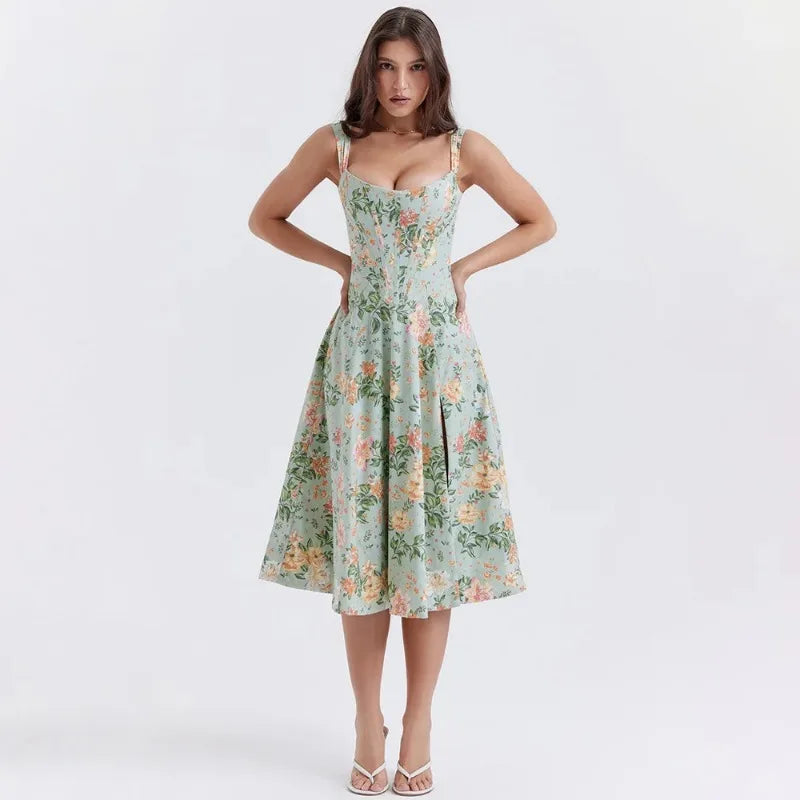 Summer Sweetheart Green Lace Up Floral Print dress