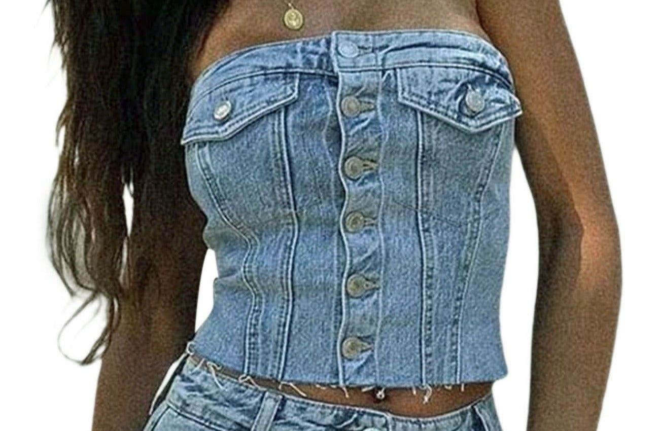 Chic Grunge Backless Denim Strapless Corset Tube Crop top