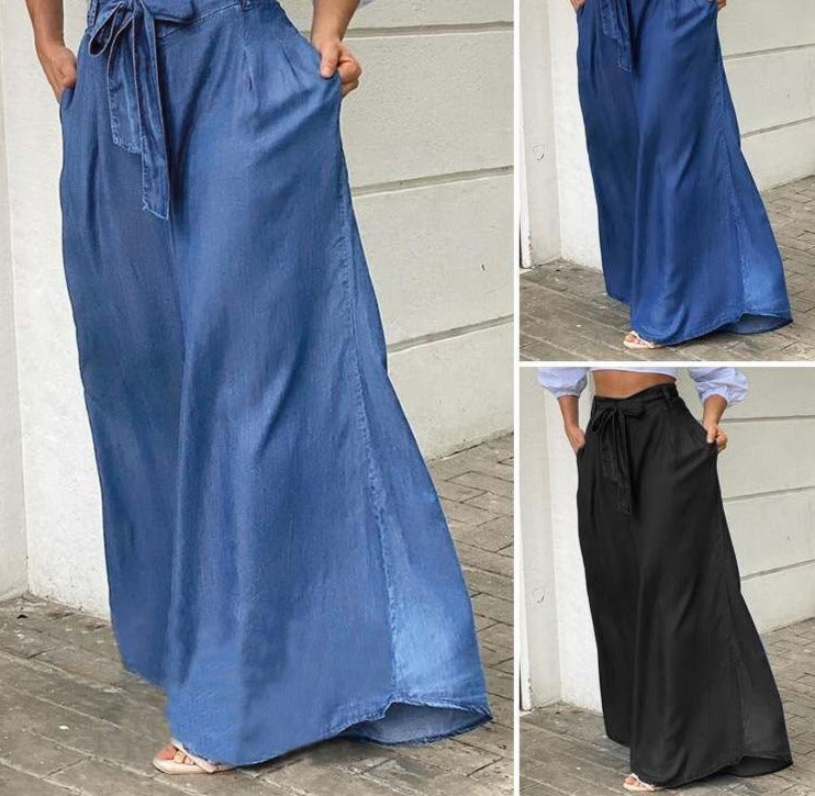 Chic French Chambray Summer Lace-up High Waist Wide-leg trousers