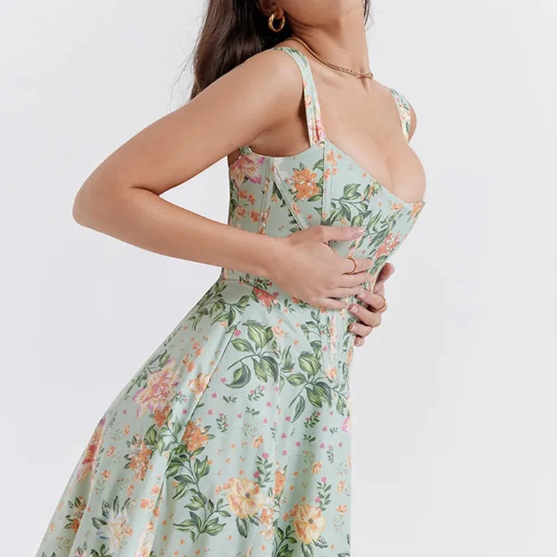 Summer Sweetheart Green Lace Up Floral Print dress