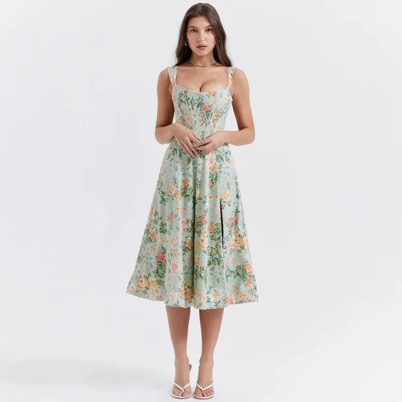 Summer Sweetheart Green Lace Up Floral Print dress