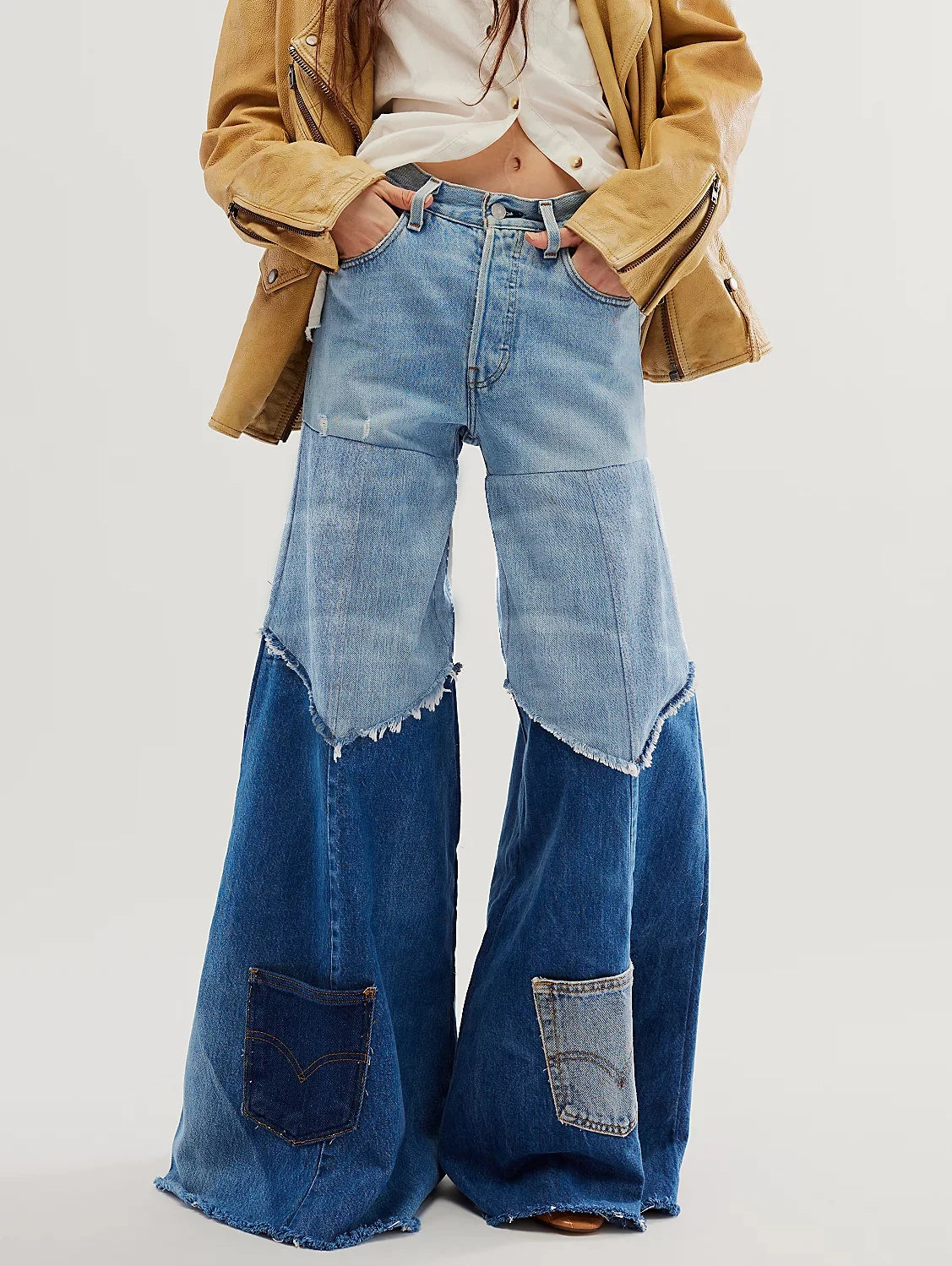 Chic High Waisted Denim Patchwork Wide Pocket Leg jeans