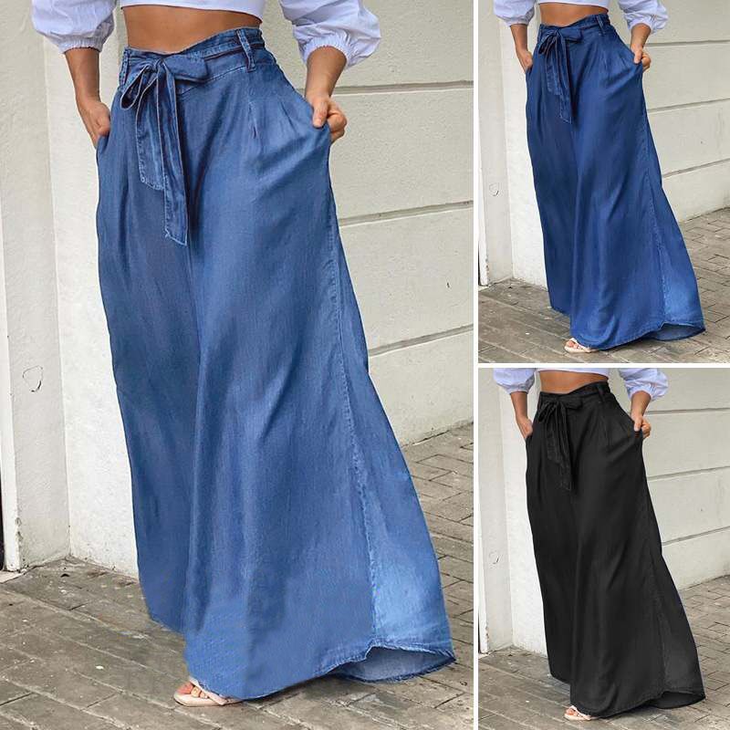 Chic French Chambray Summer Lace-up High Waist Wide-leg trousers