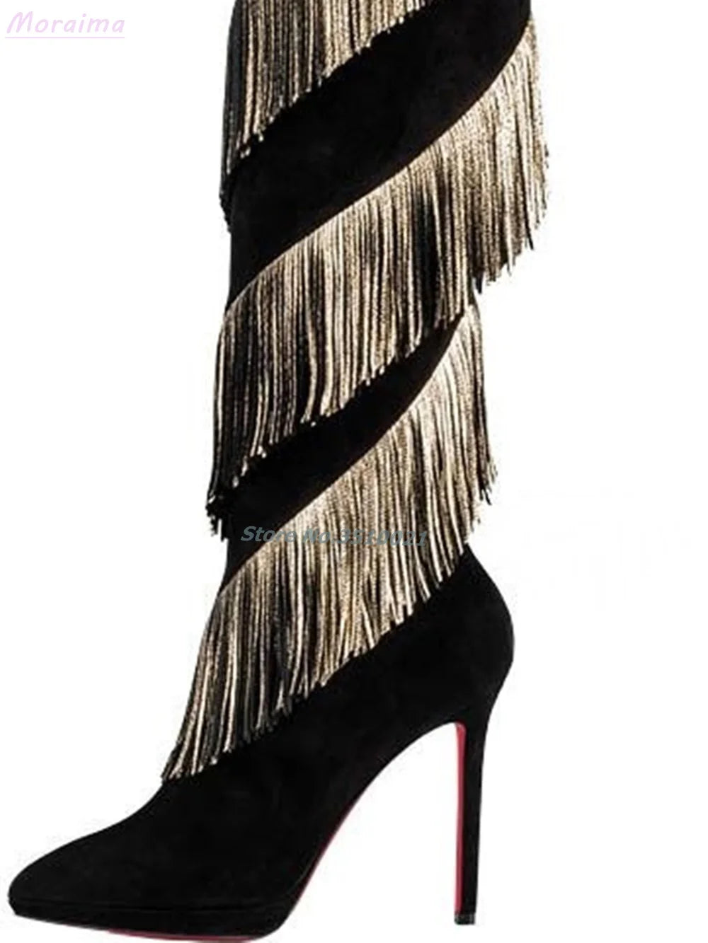 Boho Fringe Festival Crystal Bling Knee High Suede Pointed Stiletto boots