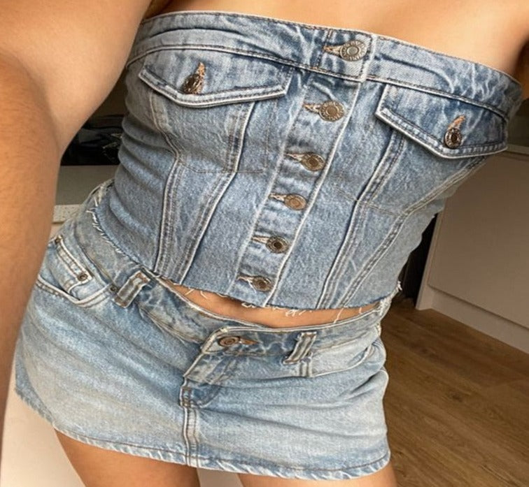 Chic Grunge Backless Denim Strapless Corset Tube Crop top